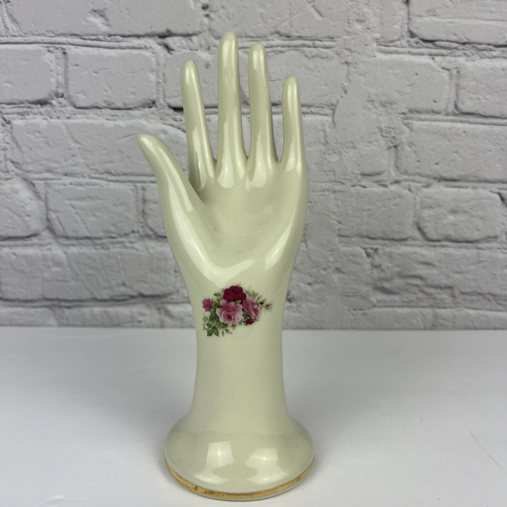 VTG Formalities Baum Bros Porcelain Ring Holder Hand Rose Flower Gold Trim 9.5"